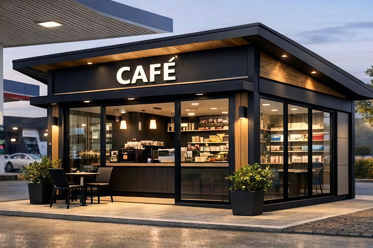 Container Café premium en estación de servicio