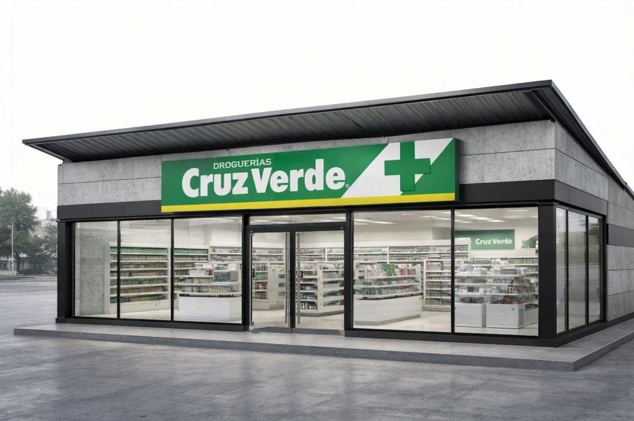 Container Droguerías Cruz Verde en estación de servicio