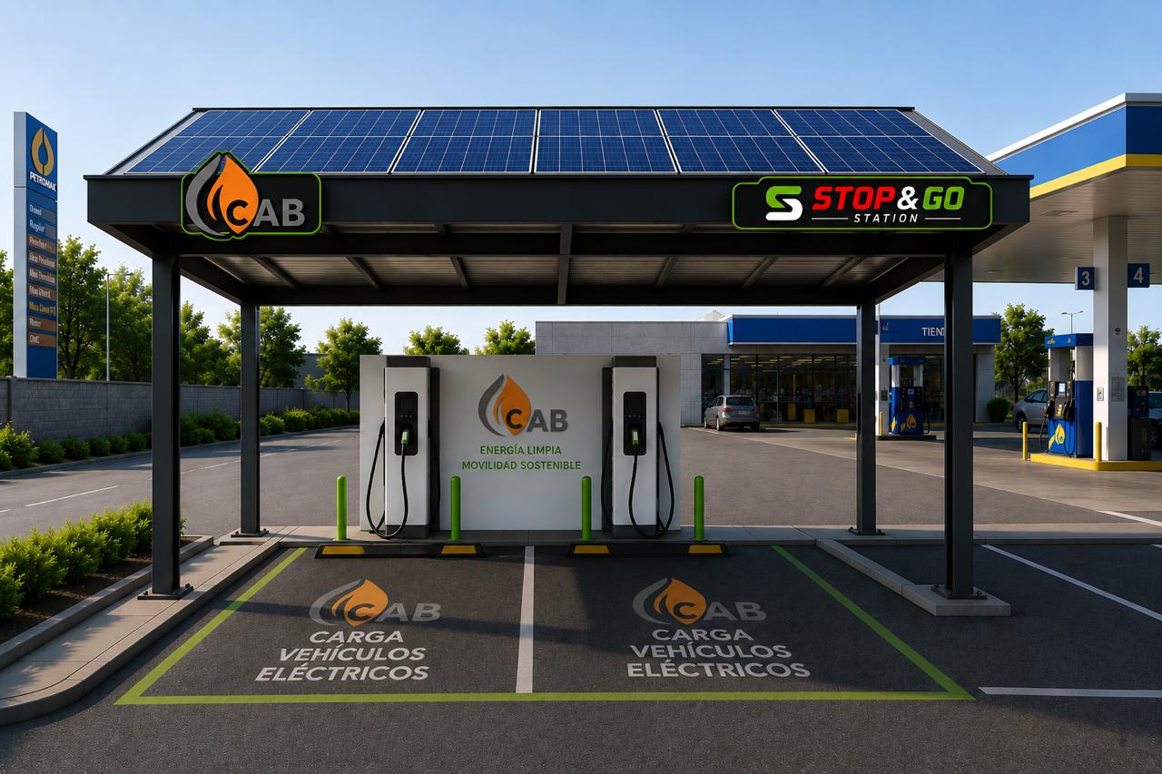 Estación de carga vehículos eléctricos CAB - Vista diurna con paneles solares