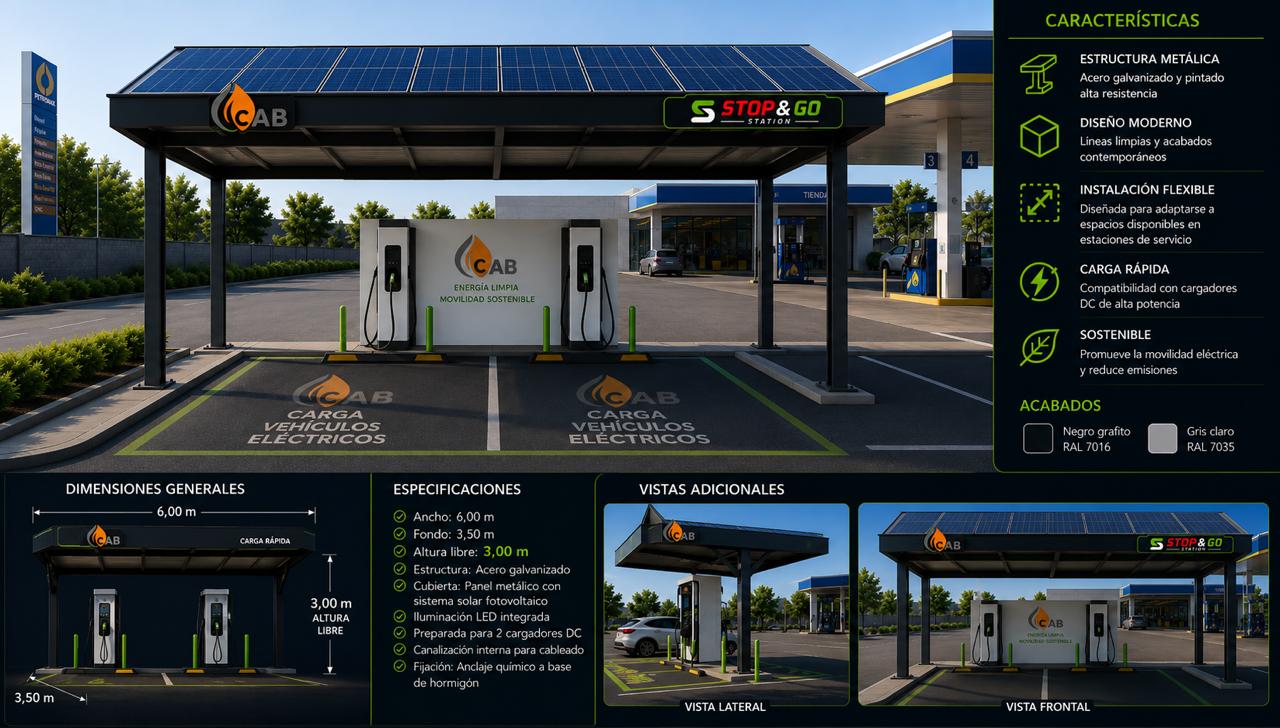 Ficha técnica estación de carga EV CAB - Dimensiones 6x3.5m, estructura acero galvanizado, paneles solares, cargadores DC