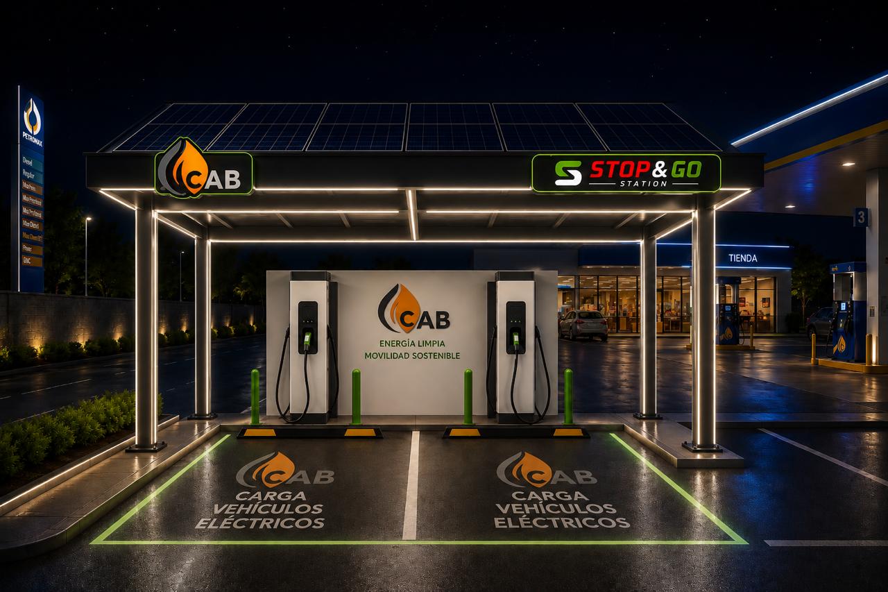 Estación de carga vehículos eléctricos CAB - Vista nocturna con iluminación LED